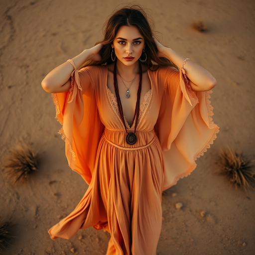 Desert setting, bohemian model, flowy dresses, earthy tones, rustic sunset effect,  equipped with a 12mm lens to capture an overhead view of the model, emphasizing symmetry and spatial positioning
