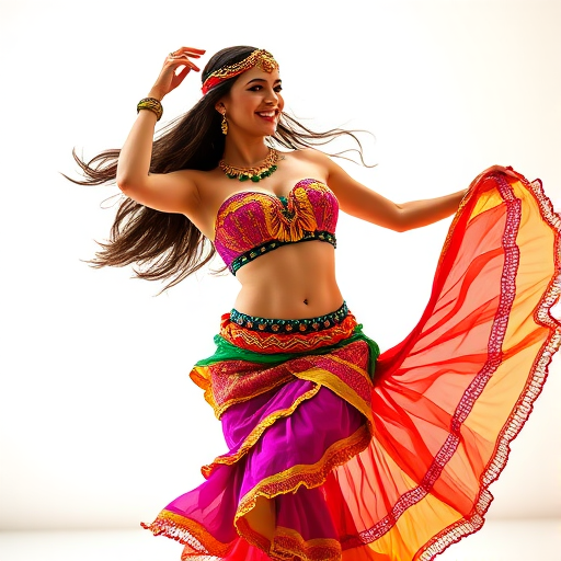 Create a vibrant digital illustration of a dancing woman in a colorful belly dance costume, focusing on her joyful expression and flowing garments, using a Canon EOS R5, 50mm lens, f/1.8 aperture, 1/200 sec shutter speed, in a bright studio setting with soft lighting.