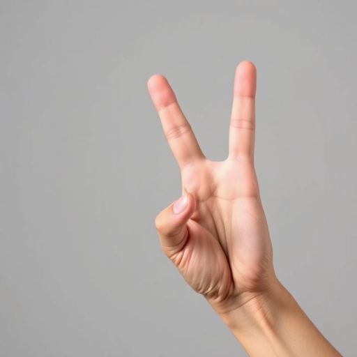 Create a high-resolution image of a stylized hand giving a peace sign with a minimalist design on a neutral gray background, using a DSLR camera with a 50mm lens, aperture set to f/2.8, ISO 100, and a soft-focus effect to enhance the foreground details.