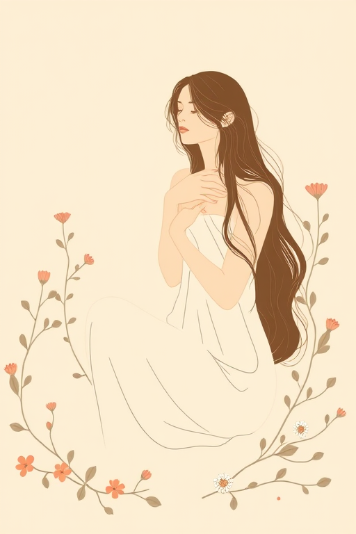 Create a minimalist illustration of a woman with long flowing hair sitting with her knees drawn to her chest, surrounded by delicate leaves and flowers in a soft beige background, shot with a Canon EOS R5, 50mm lens, f/1.8 aperture, ISO 100, natural lighting.