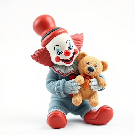 Regenerate the image of a clown figurine holding a teddy bear with a white background, using a DSLR camera with a 50mm lens, aperture set to f/1.8, ISO 100, and a shallow depth of field to enhance focus on the clown, capturing in high-resolution RAW format.