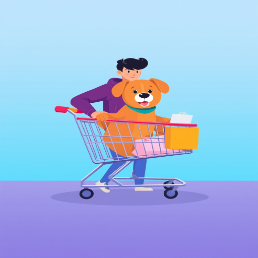 Generate an illustration of a person shopping online with a shopping cart featuring a dog, using a soft blue gradient background, vibrant colors, and a modern flat design style; camera settings: ISO 100, f/5.6, shutter speed 1/60s; camera type: digital DSLR; camera view: eye level; focus on enhancing detail and clarity.