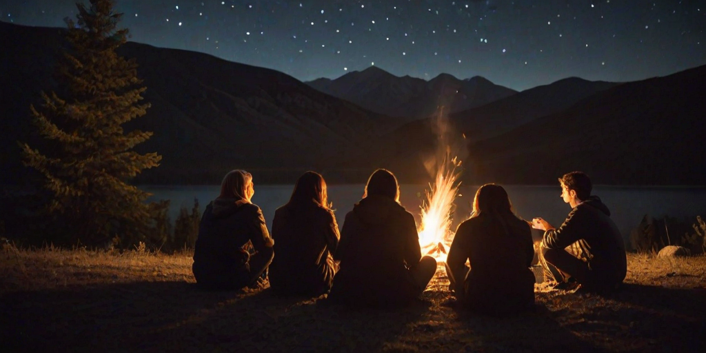 Warmly lit image of a group of friends huddled around a campfire under the stars, soft glow from the flames illuminating their faces, distant mountains silhouetted against the night sky.