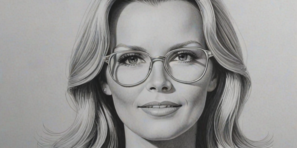 Resplendent Cheryl Ladd, pencil sketch, portrait of Attractive woman 1971s in glasses, hair style beatnik, outline, clear lines, fine lines, 8k