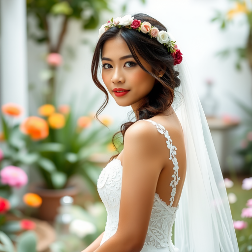 garden scene, Filipina bridal model, delicate lace gown, floral headpiece, soft romantic focus, high-key lighting and an 85mm lens for soft, even tones that highlight the model’s face and bright outfit against a white or light background