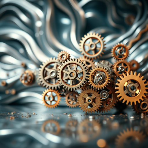 Generate an abstract mechanical scene featuring intricate gears in a dynamic arrangement, set against a fluid metallic backdrop, photographed with a DSLR camera at f/8 aperture, ISO 100, 1/200 second shutter speed, using a wide-angle lens to capture depth and detail.