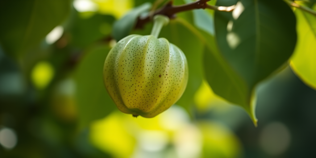 highly detailed close-up of a green cherimoya fruit hanging on a branch with blurred green leaves in the background, shot with a Canon EOS R5, 85mm f/1.2 lens, aperture f/1.8, ISO 100, natural daylight, shallow depth of field