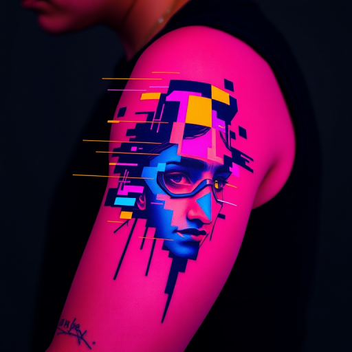Glitch art-inspired pixelated design on upper arm, fragmented and distorted image in neon colors creating futuristic cyberpunk aesthetic