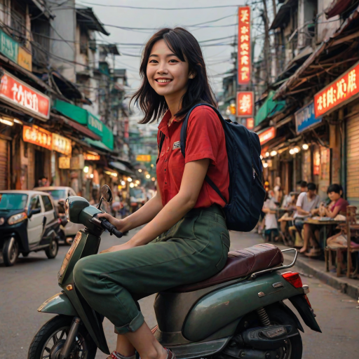 Cartoon Movie​ scene, a 18yr kindness grin Japanese woman,oval face , mullet medium long messy black side hair, wear a red shirt ,black jeans ,navy slip-on​,with green backpack, relax​ sitting on a seat in a thai tuk-tuk, tuk-tuk a silver metal roof that reflects light, There are blurred street lights and shops Chinatown Bangkok in the background.