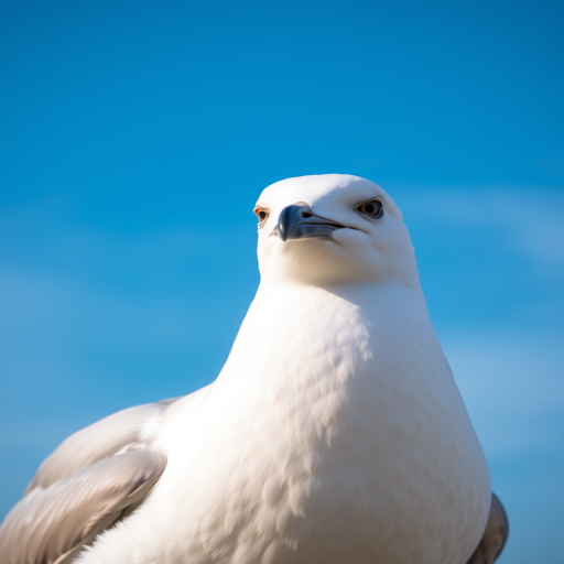 capture a close-up of a seagull against a blue sky, f/5.6 aperture, 1/800 shutter speed, ISO 200, 85mm lens, natural light, shallow depth of field to create a soft background blur, using a DSLR camera