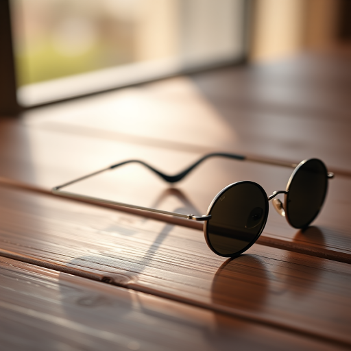 Create an ultra-realistic image of a pair of stylish round sunglasses on a wooden surface, with soft natural lighting, aperture set to f/2.8 for a shallow depth of field, ISO 100, and a DSLR camera for high detail.