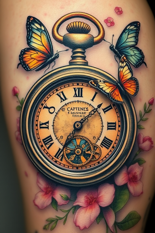 Photorealistic color tattoo called "Time Capsule" depicting a vintage pocket watch with its gears exposed, surrounded by butterflies in mid-flight and delicate flowers, with hyperrealistic details such as light reflections on metal surfaces and subtle color transitions in the flora and fauna