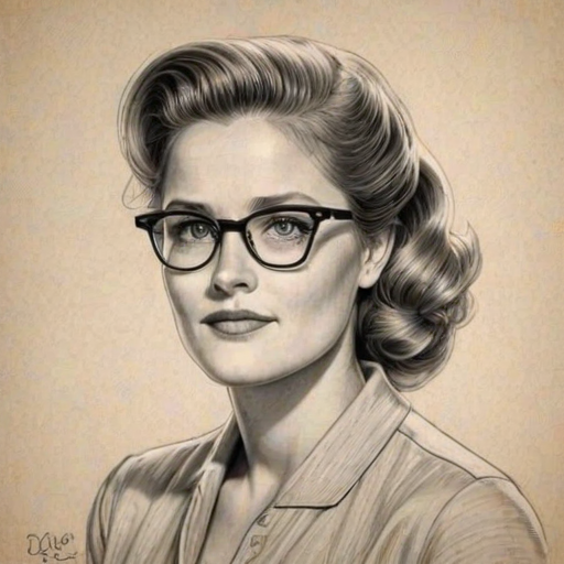 Magnificent Maggie Lawson, pencil sketch, portrait of Pleasing woman 1950s in glasses, hair style beatnik, outline, clear lines, fine lines, 8k