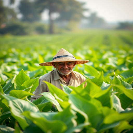 A farmer wearing a straw hat working in a lush green tobacco field under soft natural light; camera settings: f/4, 1/250s, ISO 100; camera view: wide shot; camera style: vibrant colors; camera type: DSLR.