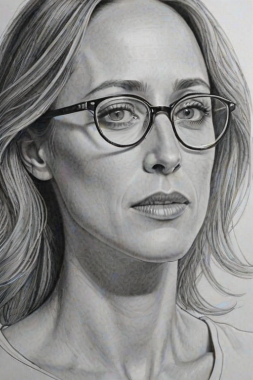 Stunning Kim Raver, pencil sketch, portrait of Enchanting woman 1934s in glasses, hair style beatnik, outline, clear lines, fine lines, 8k