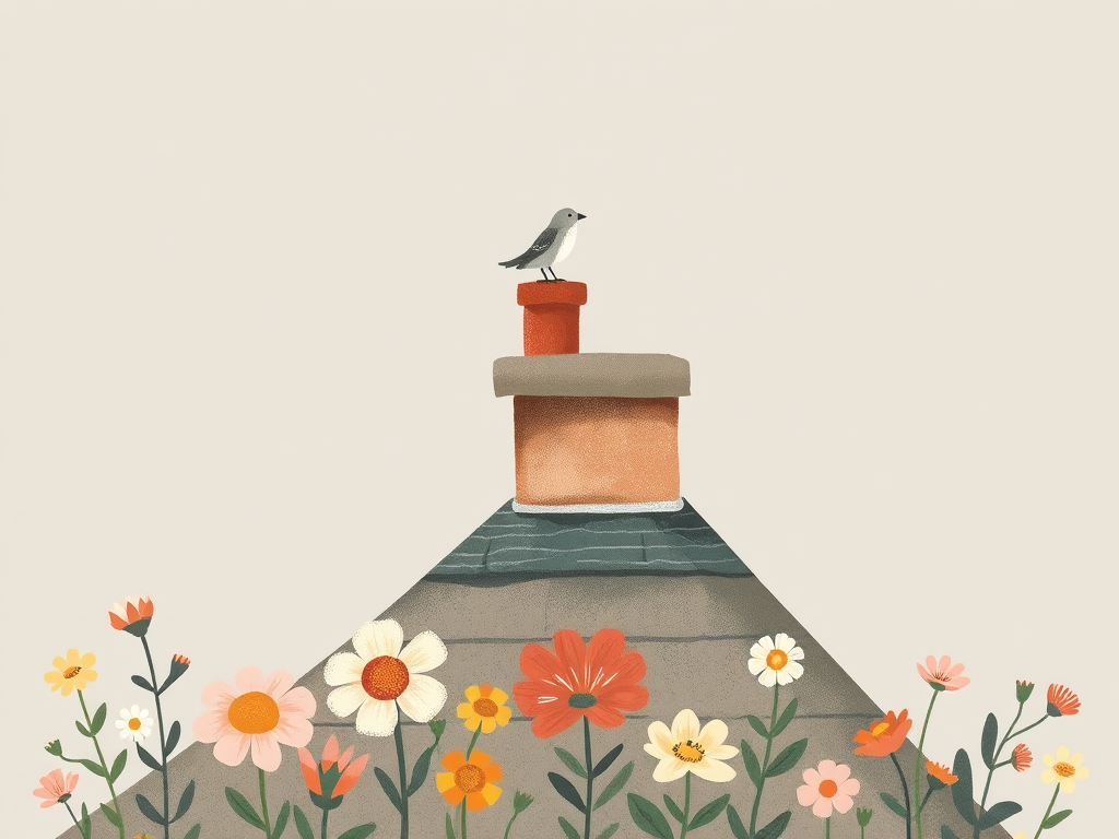 a whimsical illustration of a rooftop scene featuring a bird perched on a chimney, with stylized flowers in the foreground and a grey sky in the background, emphasizing a blend of soft colors and textures