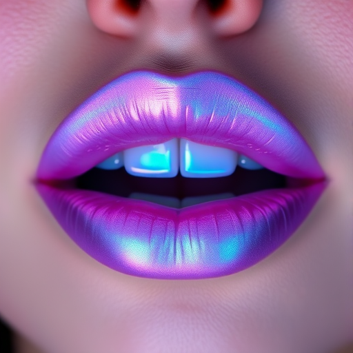 Holographic iridescent lips shifting from lavender to blue, named "Cosmic Kiss," showcase a futuristic sheen and plump appearance for an otherworldly effect