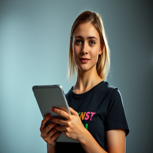 portrait of a woman holding a tablet wearing a black t-shirt with colorful text, bright studio lighting, shallow depth of field, 50mm lens, f/1.8 aperture, ISO 100, natural skin tones, high contrast, Canon EOS R5