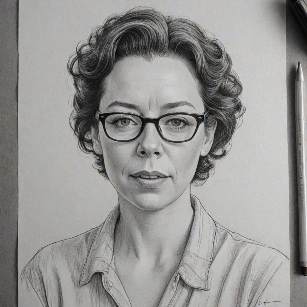 Charming Olivia Colman, pencil sketch, portrait of Pleasing woman 1953s in glasses, hair style beatnik, outline, clear lines, fine lines, 8k