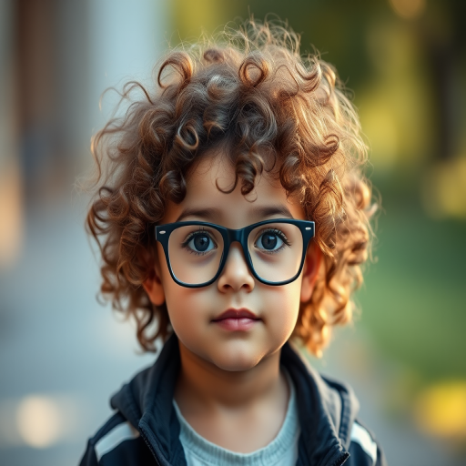 regenerate a portrait of a child with curly hair wearing black glasses, soft natural lighting, depth of field with a blurred background, shot on a Canon EOS R5 at 50mm f/1.8, ISO 200, aperture f/2.8, high-resolution image quality