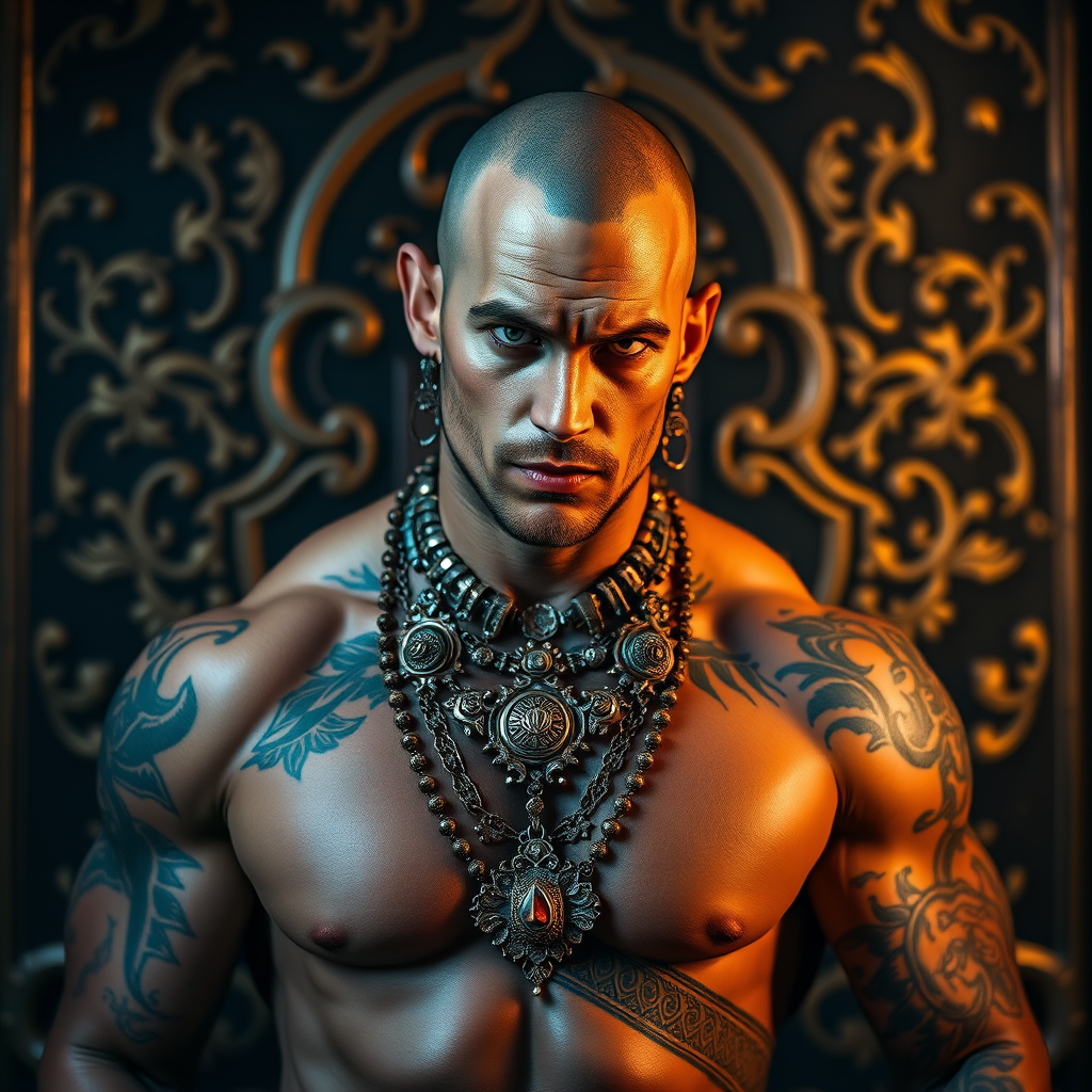 A muscular warrior with intricate tattoos and elaborate jewelry, posed dramatically against a dark, ornate background, captured with a DSLR camera at 50mm, f/1.8, ISO 100, using dramatic lighting and a shallow depth of field for enhanced image quality.