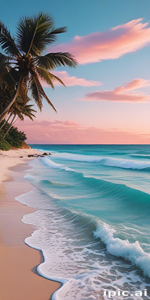 Tranquil Sunset Over Serene Waves and Palm Trees by the Beach