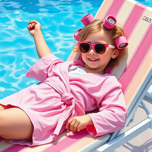 oil painting of a cute girl 4 years old, full body view, pink robe, hair curlers, sunglasses, lying on a deck chair by the pool