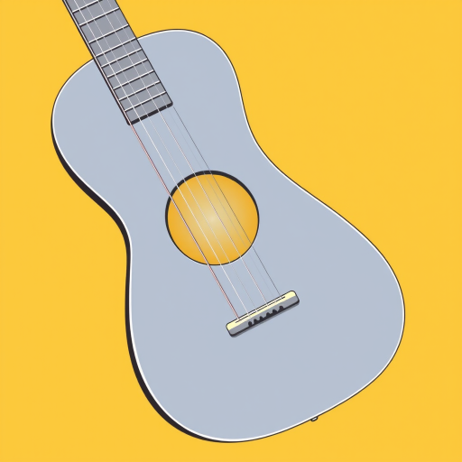 Create a minimalist illustration of a guitar body with a circular sound hole, yellow background, use a Canon EOS R5 camera, aperture f/8, shutter speed 1/125s, ISO 100, focus on the textures and details of the guitar.