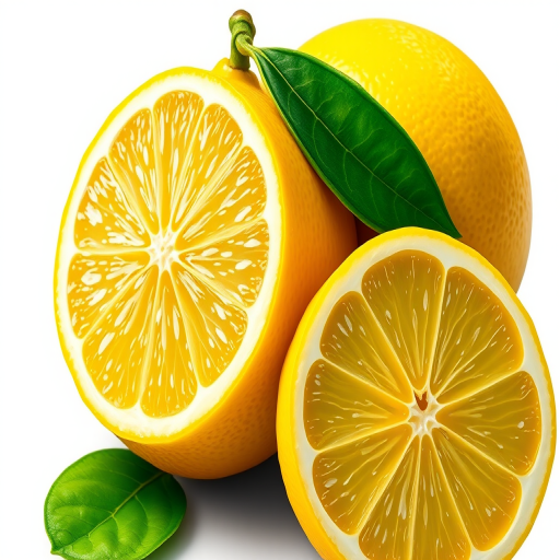 A detailed and vibrant digital illustration of a fresh lemon with a green leaf next to a sliced lemon, high resolution, using a Canon EOS R5 with a 50mm f/1.2 lens, aperture set to f/2.8, ISO 100, natural lighting for enhanced clarity and color.