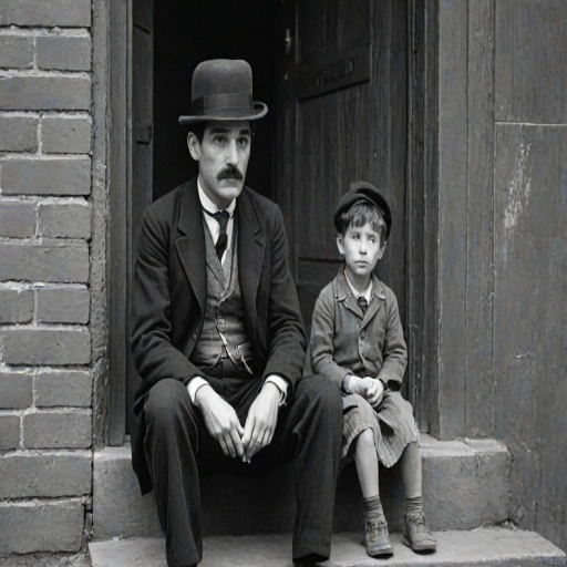 A black-and-white photograph of a man and a child sitting on steps in front of a doorway. The man is dressed as a tramp with a bowler hat, mustache, and ragged clothes, reminiscent of Charlie Chaplin's iconic look. He is sitting with his arms crossed and an expression of slight sadness or frustration. Next to him is a young boy, also in worn clothes and a cap, sitting with his hands clasped, looking thoughtful. The background is an old, textured wall and a partially open door, creating a vintage, early 20th-century atmosphere.