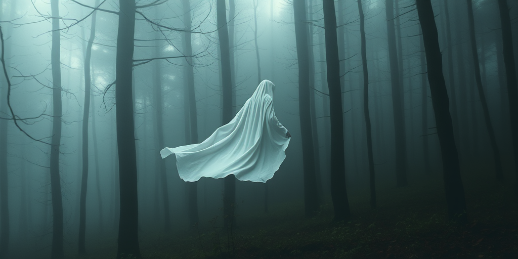 A ghostly figure in a flowing white cloak hovering in a foggy, dark forest, soft focus, shallow depth of field, ISO 200, f/2.8, 50mm lens, natural light, ethereal atmosphere.
