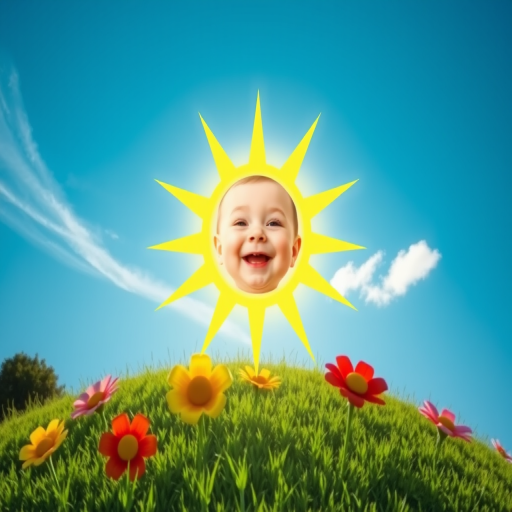 Create an image shows a bright, sun with a smiling baby's face in the center, radiating soft yellow rays. The sun is set against a clear blue sky with a few wispy clouds. Below, there's a lush green grassy hill with colorful, oversized flowers, giving the scene a whimsical, playful atmosphere.