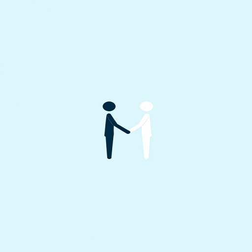Create a clean, minimalist illustration of two abstract figures shaking hands in a circular design against a light blue background, using a 50mm lens, f/1.8 aperture, 1/250s shutter speed, and soft natural lighting to enhance depth and clarity.