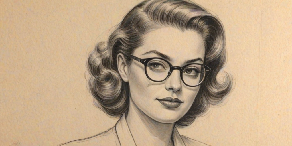 Enticing Leila George, pencil sketch, portrait of Resplendent woman 1949s in glasses, hair style beatnik, outline, clear lines, fine lines, 8k