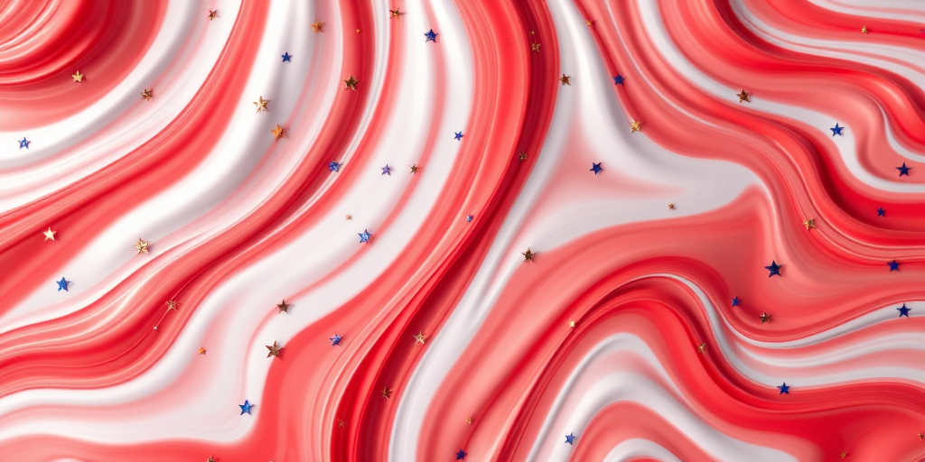 Create an abstract image of flowing red and white stripes with scattered blue and gold stars, using a DSLR camera, 50mm lens, f/2.8 aperture, 1/125s shutter speed, ISO 100, and a top-down view for enhanced color saturation and detail.