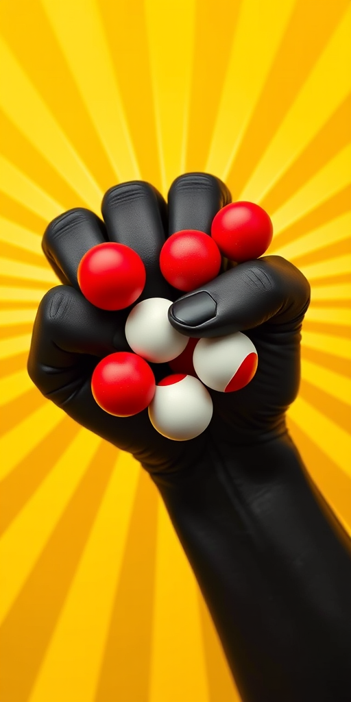 Generate an image of a black fist holding a cluster of red and white balls, with bold yellow rays emanating from the background, shot with a Canon EOS R5 at f/8, ISO 100, 1/250s, in a high-contrast, vibrant style, top-down view.