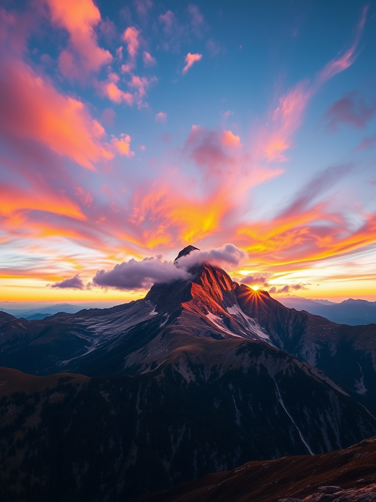 Create a high-resolution image of a majestic mountain landscape during sunset with vibrant colors and dramatic clouds, shot using a Canon EOS R5 with a 24-70mm f/2.8 lens at f/8, ISO 100, and a shutter speed of 1/200 sec, in wide-angle view to capture the expansive scenery.
