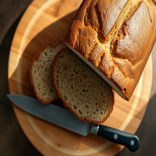 A fresh loaf of bread sliced on a wooden cutting board with a knife beside it, soft natural lighting from the side, camera settings ISO 200, aperture f/4, shutter speed 1/125, shot from a top-down view, using a DSLR camera with a 50mm lens.