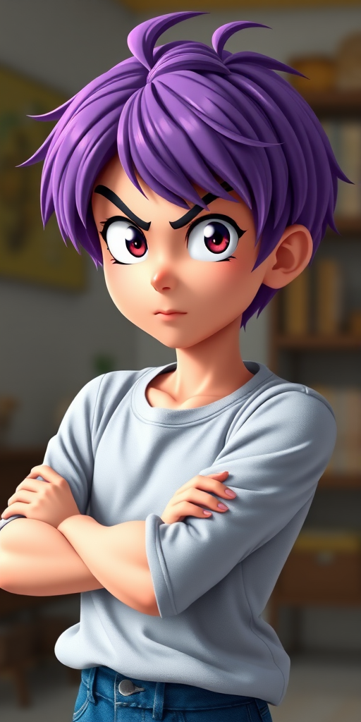 Create a high-resolution vector illustration of an animated character with short purple hair and expressive facial features, capturing a dynamic pose with arms crossed and a determined expression, using a Canon EOS R5 camera with 50mm lens, aperture f/1.8, ISO 100, and a soft focus background to enhance depth and detail.