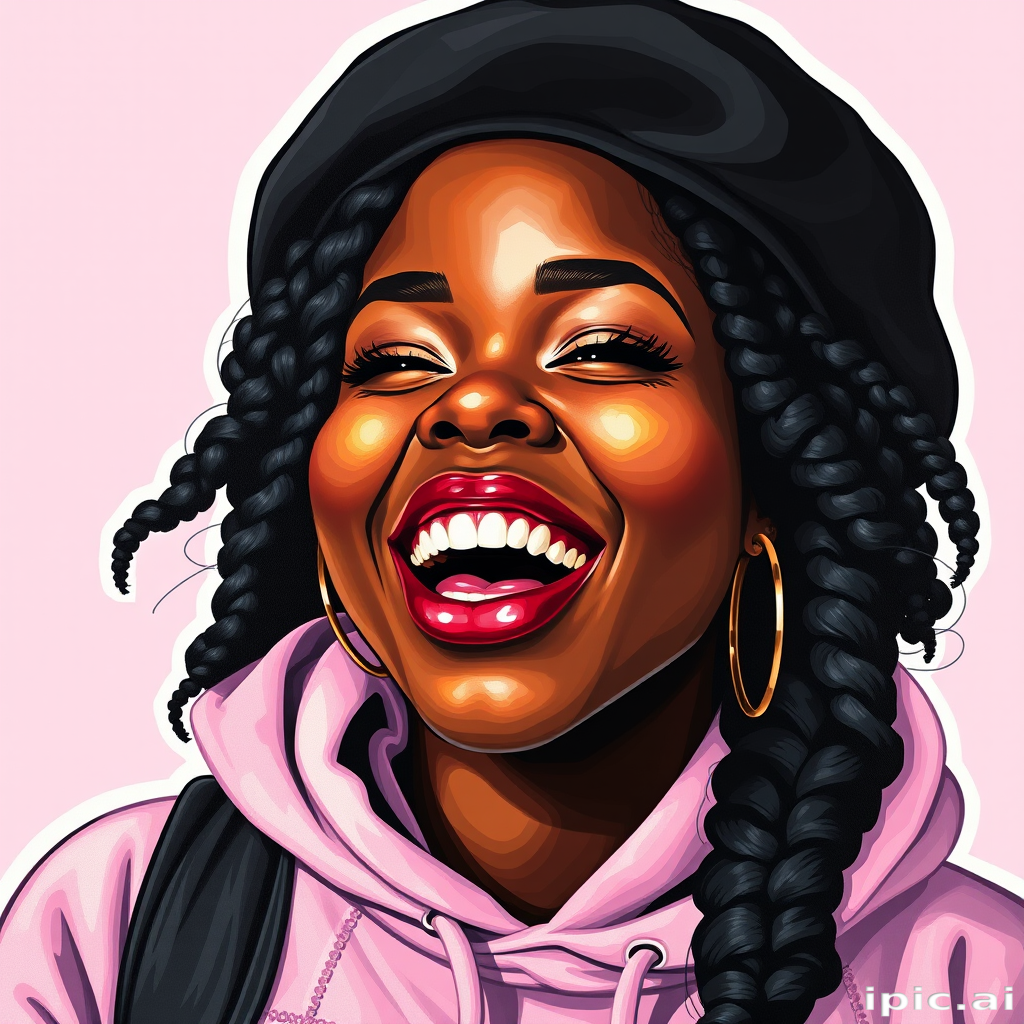 gorgeous  curvy black woman with a black beret, pink hoodie, face expressing joy Ultra realistic painting, sticker art
