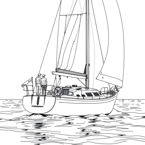 Create a detailed black and white line drawing of a sailboat with two figures on deck, using a Canon EOS 5D Mark IV, 50mm lens, f/8 aperture, 1/250 sec shutter speed, and natural light to enhance clarity and depth.