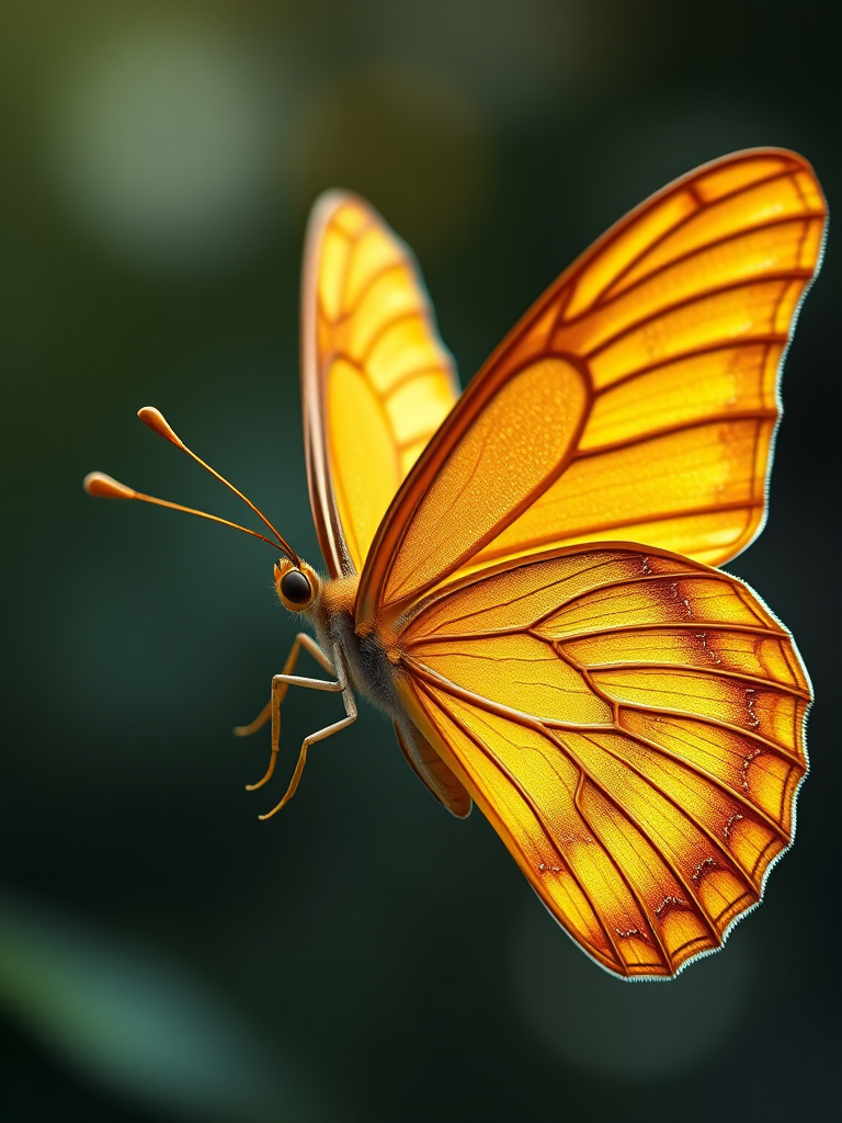 Create a detailed high-resolution 3D rendering of a golden butterfly with intricate wing patterns, using a Canon EOS R5 camera with a 50mm f/1.2 lens, ISO 100, f/8 aperture, and a soft-focus background for depth.