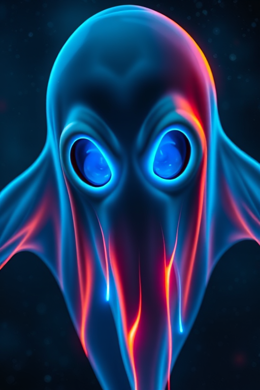 Create a vibrant ghost character with glowing blue and orange eyes, featuring a dripping neon effect in a dark cosmic background, 50mm lens, f/1.8 aperture, ISO 100, soft focus, taken with a DSLR camera.