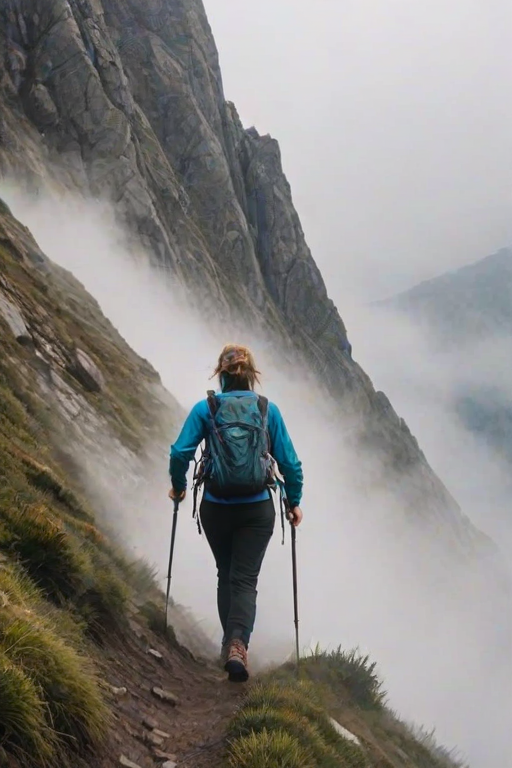 Foggy mountain pass, with thick mist swirling around the peaks, a woman in hiking gear navigates the narrow path, her determination evident in the way she presses forward despite the challenging conditions.