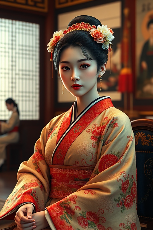 A beautiful Japanese woman in traditional East Asian attire, intricately detailed with embroidered patterns, sitting gracefully in a richly decorated room, soft ambient lighting, serene and elegant, ultra-realistic, 8K resolution