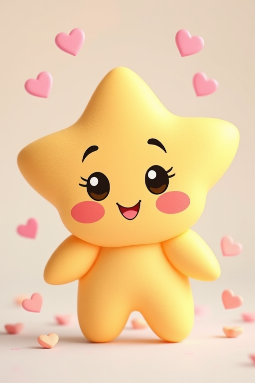 Create a cute cartoon star character with pastel colors, surrounded by small floating hearts, use a Canon EOS R5 with a 50mm f/1.2 lens, aperture set to f/2.8, ISO 100, and a soft focus background for enhanced image quality.