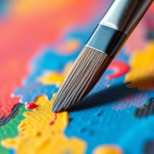 Sharp, close-up image of an artist's brush carefully applying paint to a canvas, tiny details of the brushstrokes visible, with vibrant colors blending together under soft studio lighting.