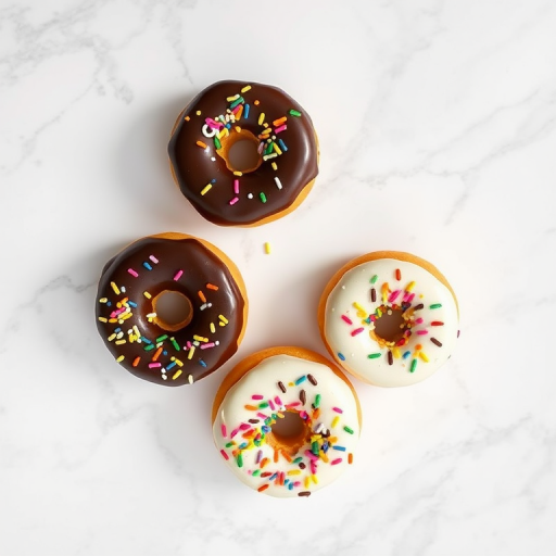 four frosted donuts with chocolate and white icing topped with colorful sprinkles on a white marble surface, shot with a Canon EOS R5, 50mm lens, f/2.8, ISO 200, natural light, overhead view