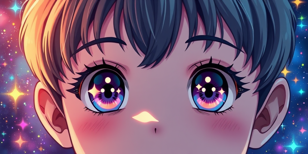 A little anime boy with close up eyes, sparkling eyes, close - up, two eyes looking forward, long eyelashes, bangs, surrounded by many colorful stars, brilliant colors, meteors, MilkyWay, colorful star clusters, close - up shots, oil painting style, very obvious oil painting minimalist palette style, 32k uhd, beautiful booru, old era, color manga