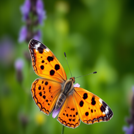Create an image of a butterfly with vibrant orange wings adorned with black spots, perched on a delicate purple flower. The background should feature a soft, blurred green landscape, enhancing the focus on the butterfly and flower. The scene should convey a sense of tranquility and natural beauty.